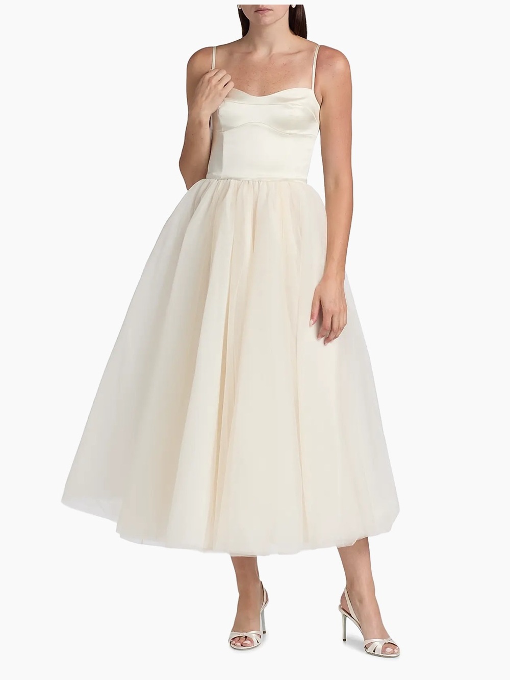 Reformation Ivory Alouette Satin Tea-Length Dress